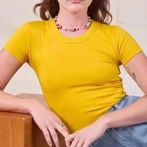 Big Bud Press Yellow Baby Tee Women's Size Medium T Shirt Retro Stretch Indie